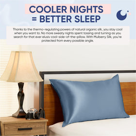 Blissy silk pillowcase size-compat display shows Regular Queen King fit.