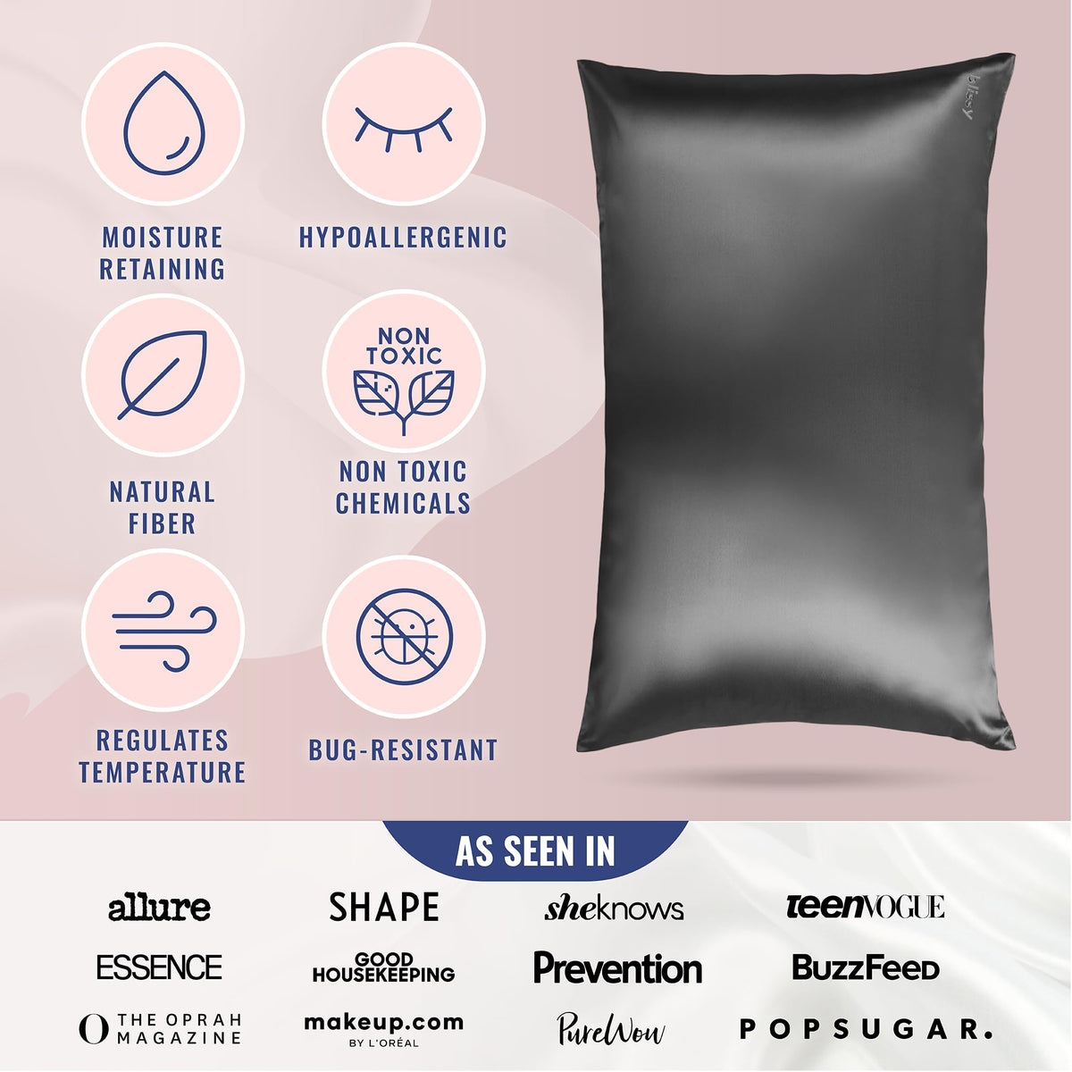 Blissy silk pillowcase temperature-regulation view for cooler sleep