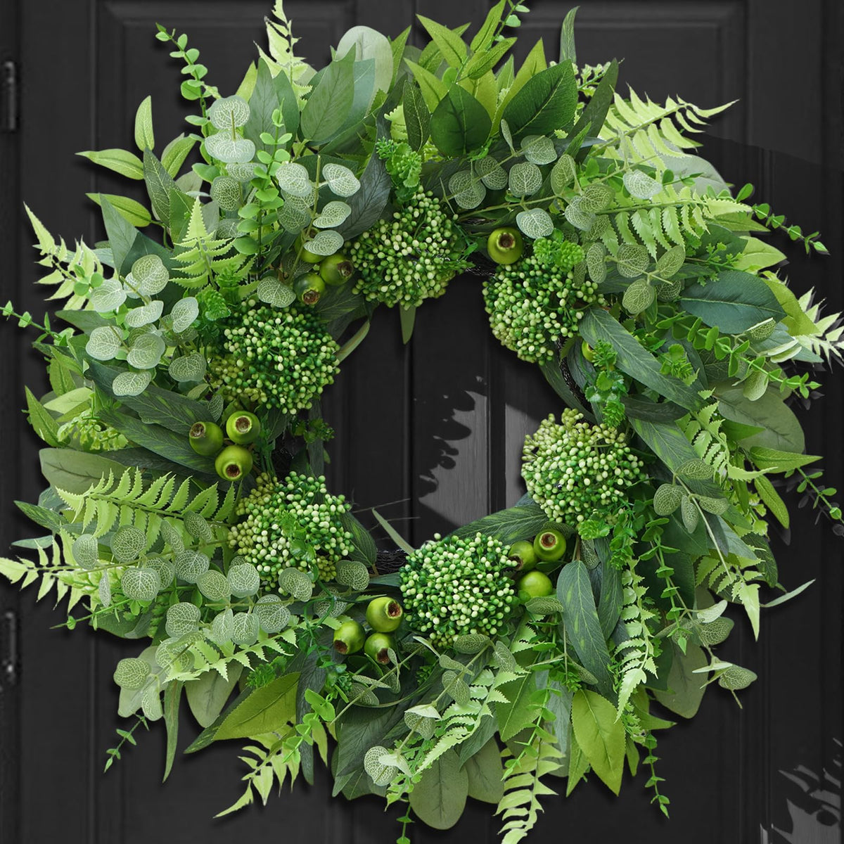 Bloeien 24-inch front-door wreath with eucalyptus and fern for year-round curb appeal.