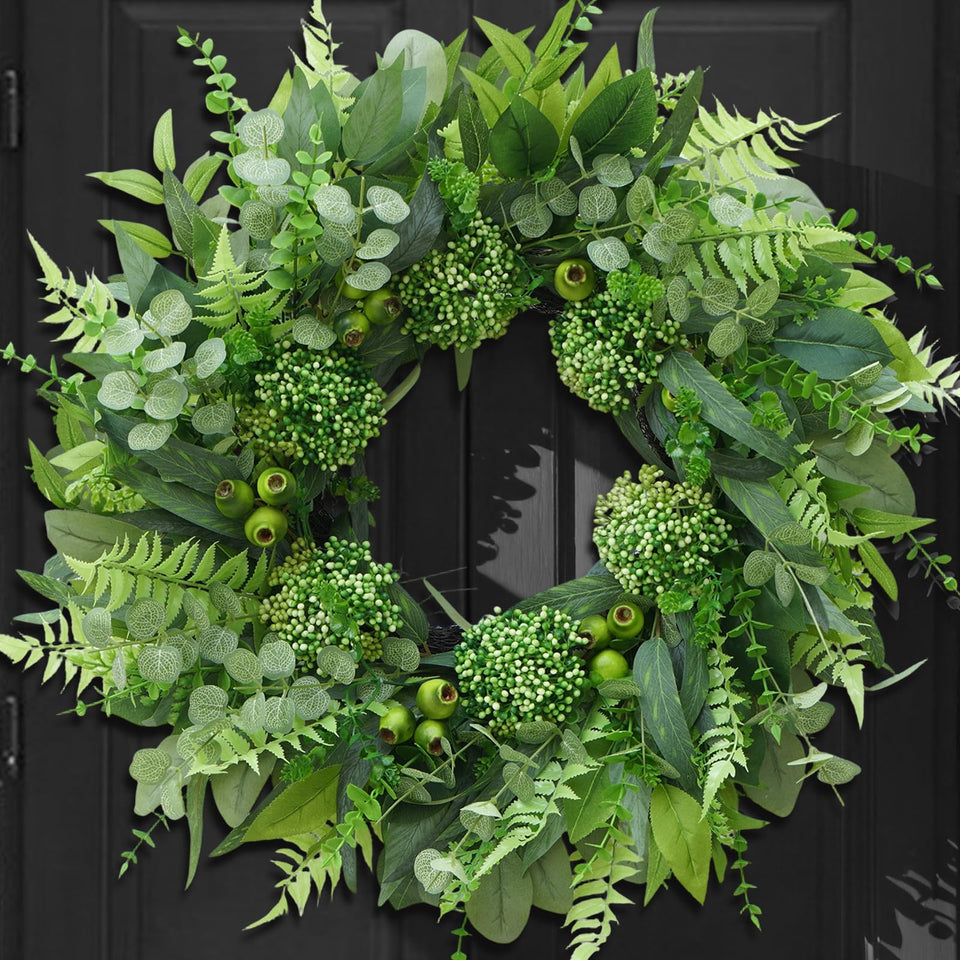 Bloeien 24-inch front-door wreath with eucalyptus and fern for year-round curb appeal.