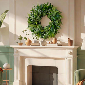 Styled entryway gains inviting seasonal charm with this wreath.