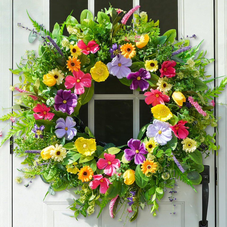 Bloeien spring-summer wreath on front door with lush blooms boosts curb appeal