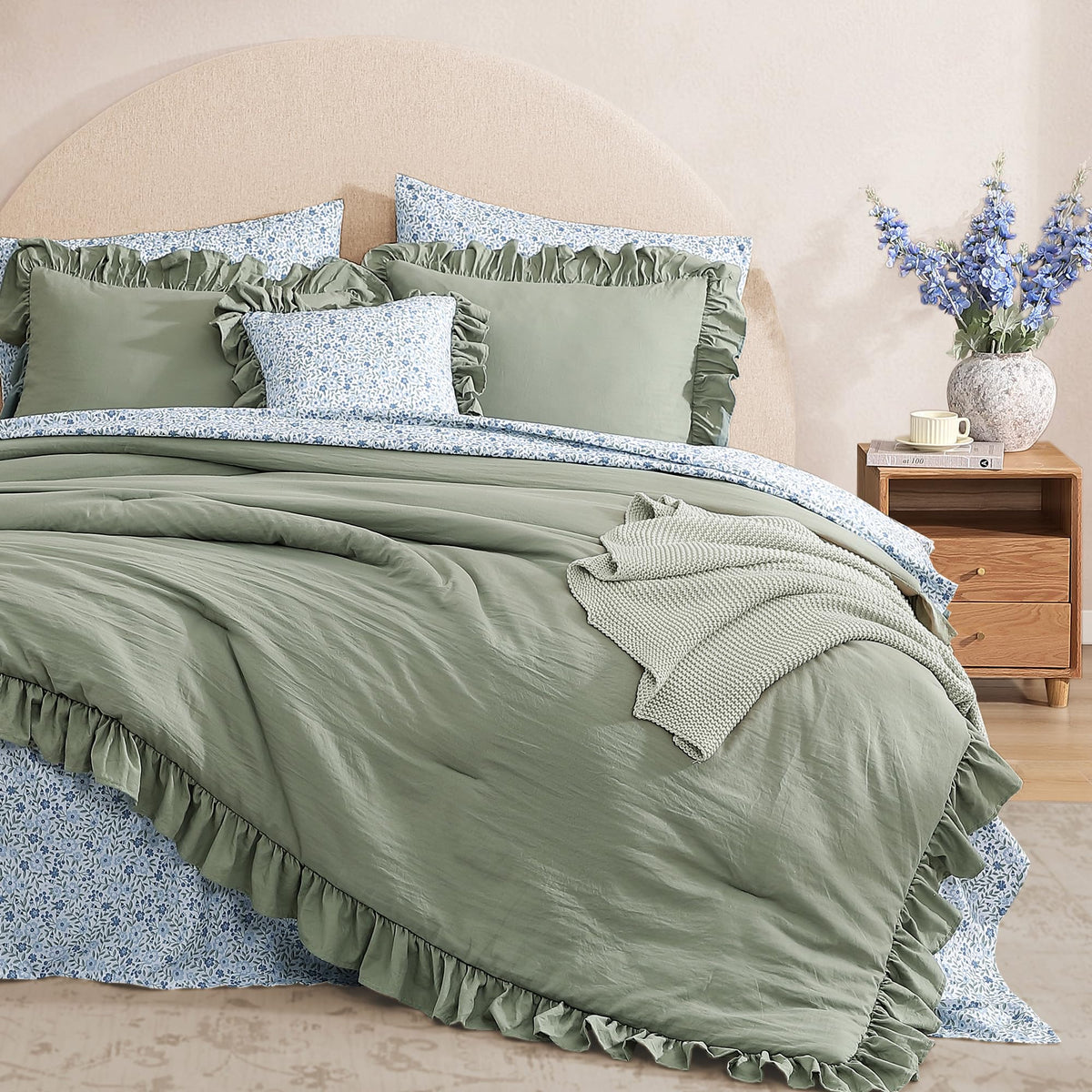 BLOOMHAVEN styling ideas in sage tones with ruffles for a farmhouse look.