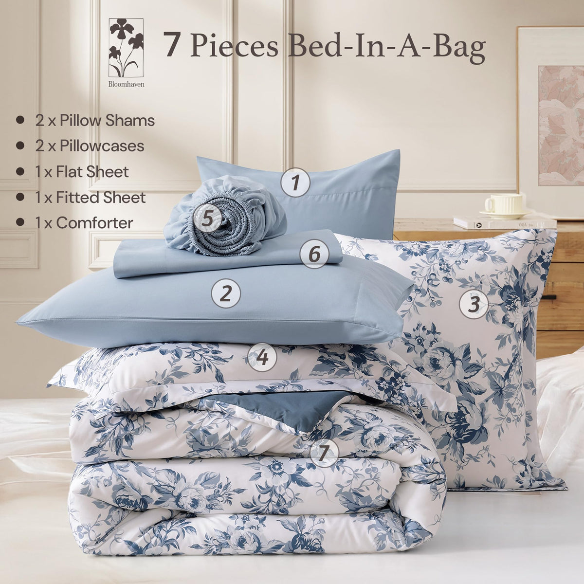 BLOOMHAVEN cohesive blue floral decor elevates bedroom ambiance.