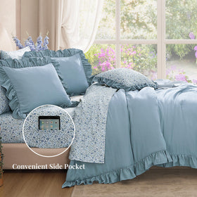 BLOOMHAVEN full bed setup showcasing a cohesive blue bedding arrangement.