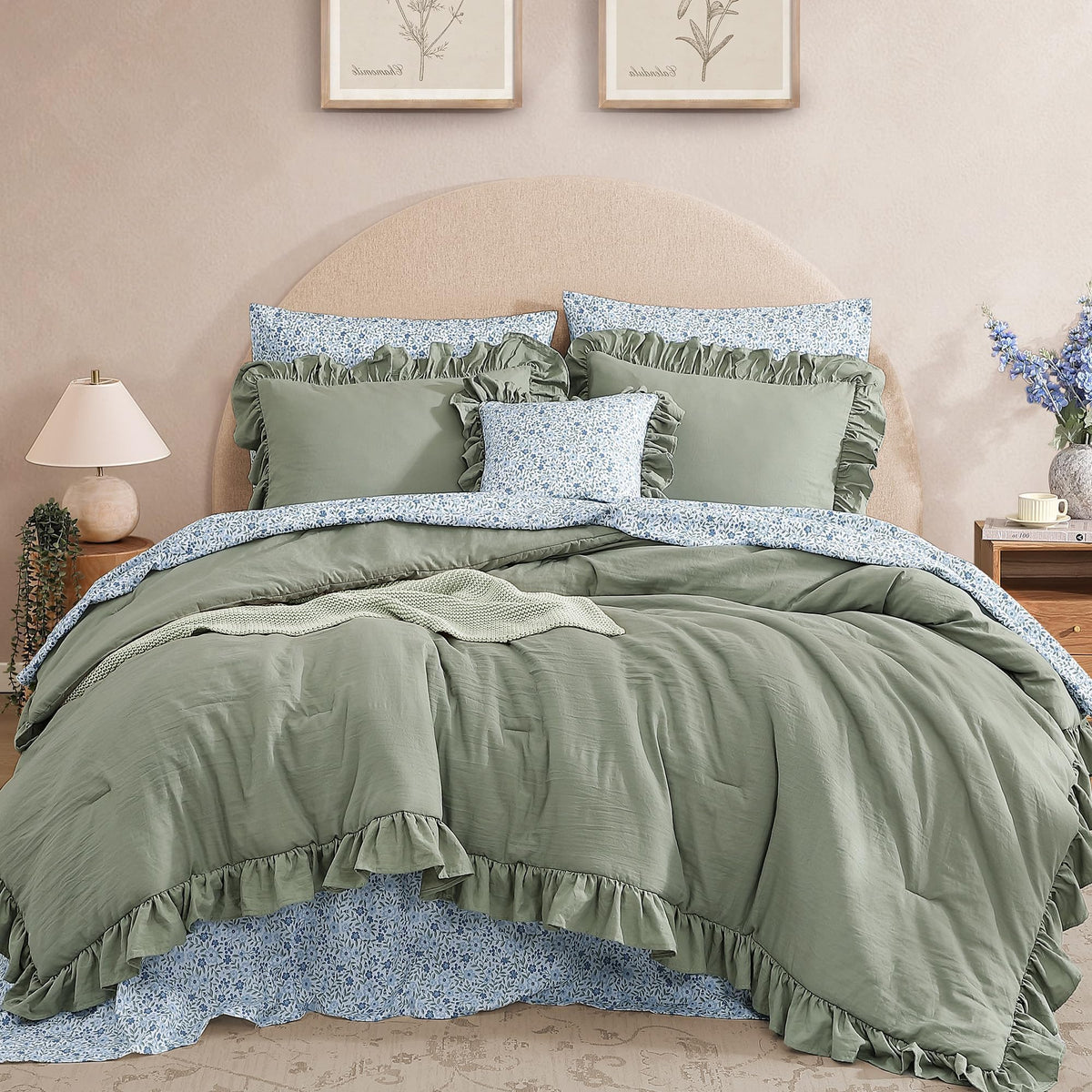 BLOOMHAVEN full comforter set with ruffle edges in sage green for elegant texture.