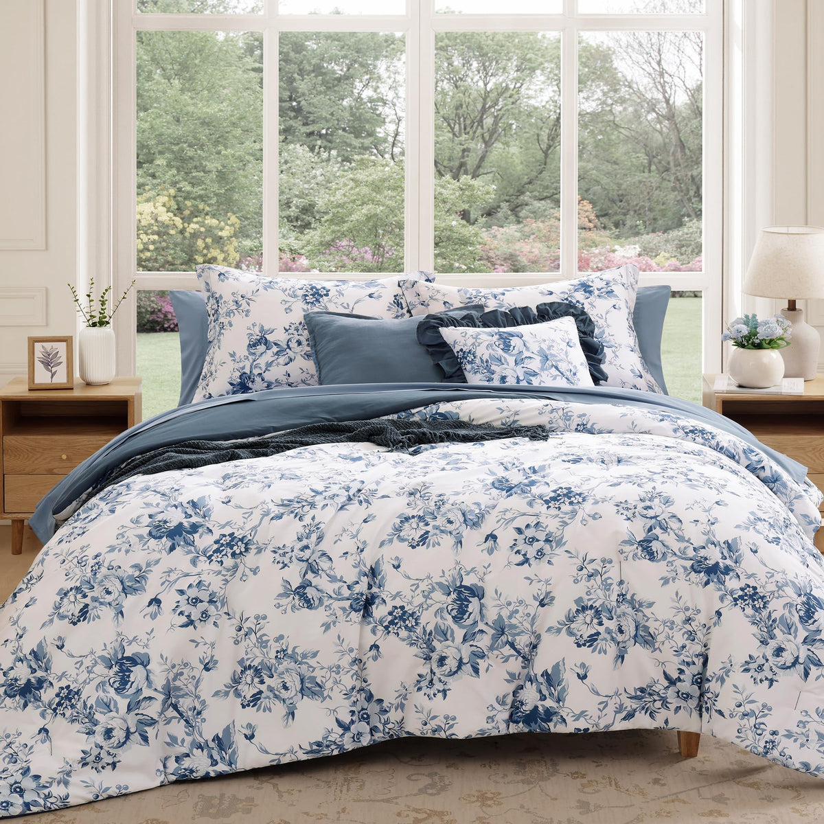 BLOOMHAVEN Queen comforter set with delphine floral blue for a serene bedroom look.