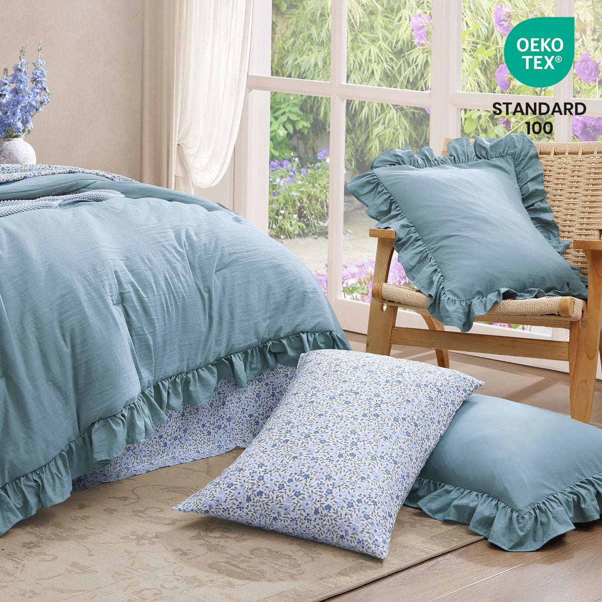 Bloomhaven close-up highlights ruffled edges and microfiber softness.