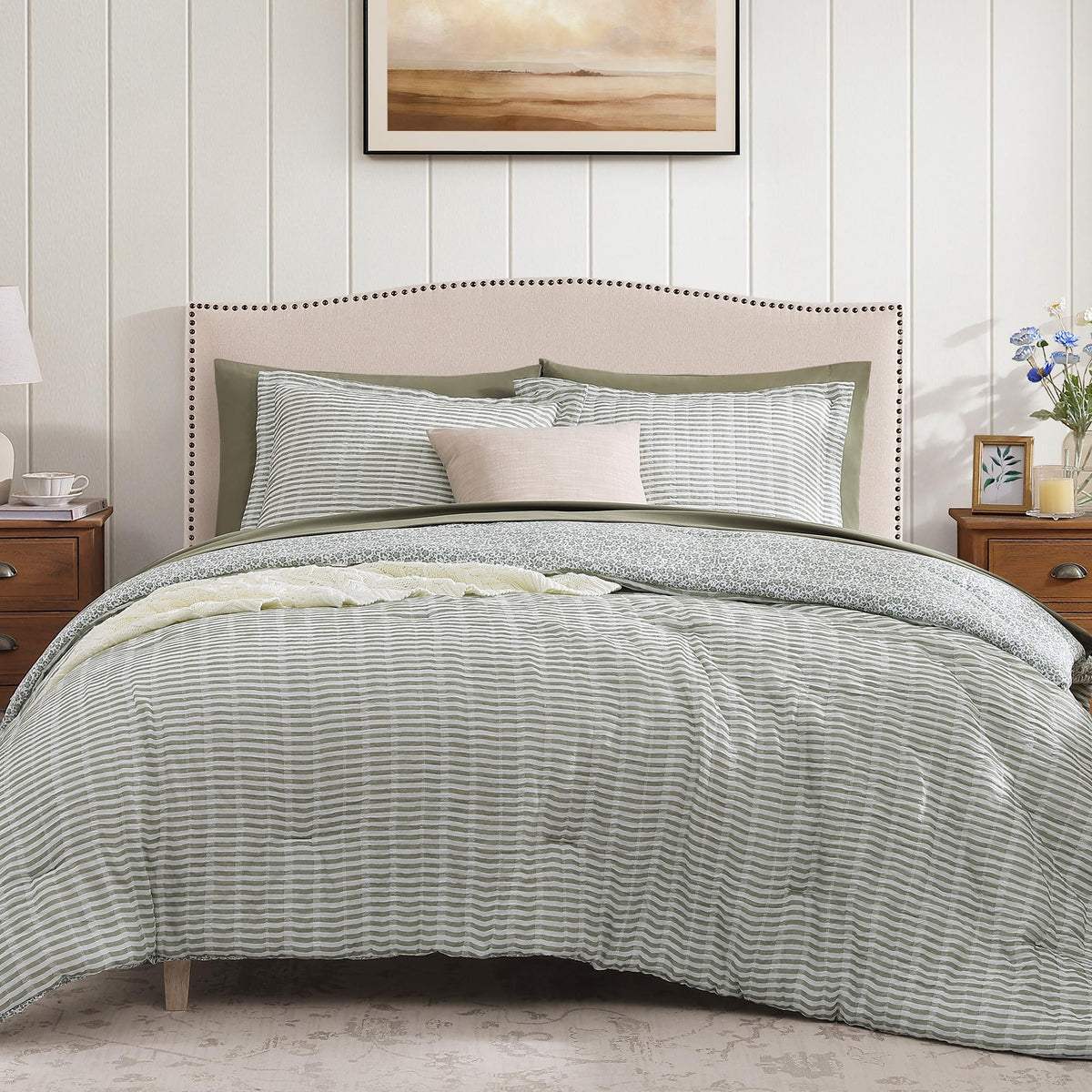 BLOOMHAVEN queen comforter front view shows soft-striped gauze fabric for a chic bedroom.