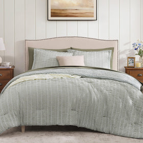 BLOOMHAVEN queen comforter front view shows soft-striped gauze fabric for a chic bedroom.