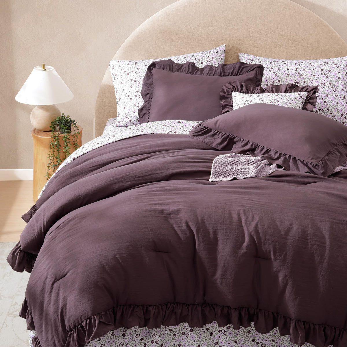 BLOOMHAVEN ruffle bedding in purple creates a calm, romantic centerpiece.