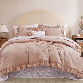 BLOOMHAVEN Queen Comforter Set close-up of ruffles and floral print for a chic, cozy bedroom