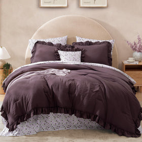 BLOOMHAVEN Queen Comforter Set with ruffled edges for a romantic bedroom look.