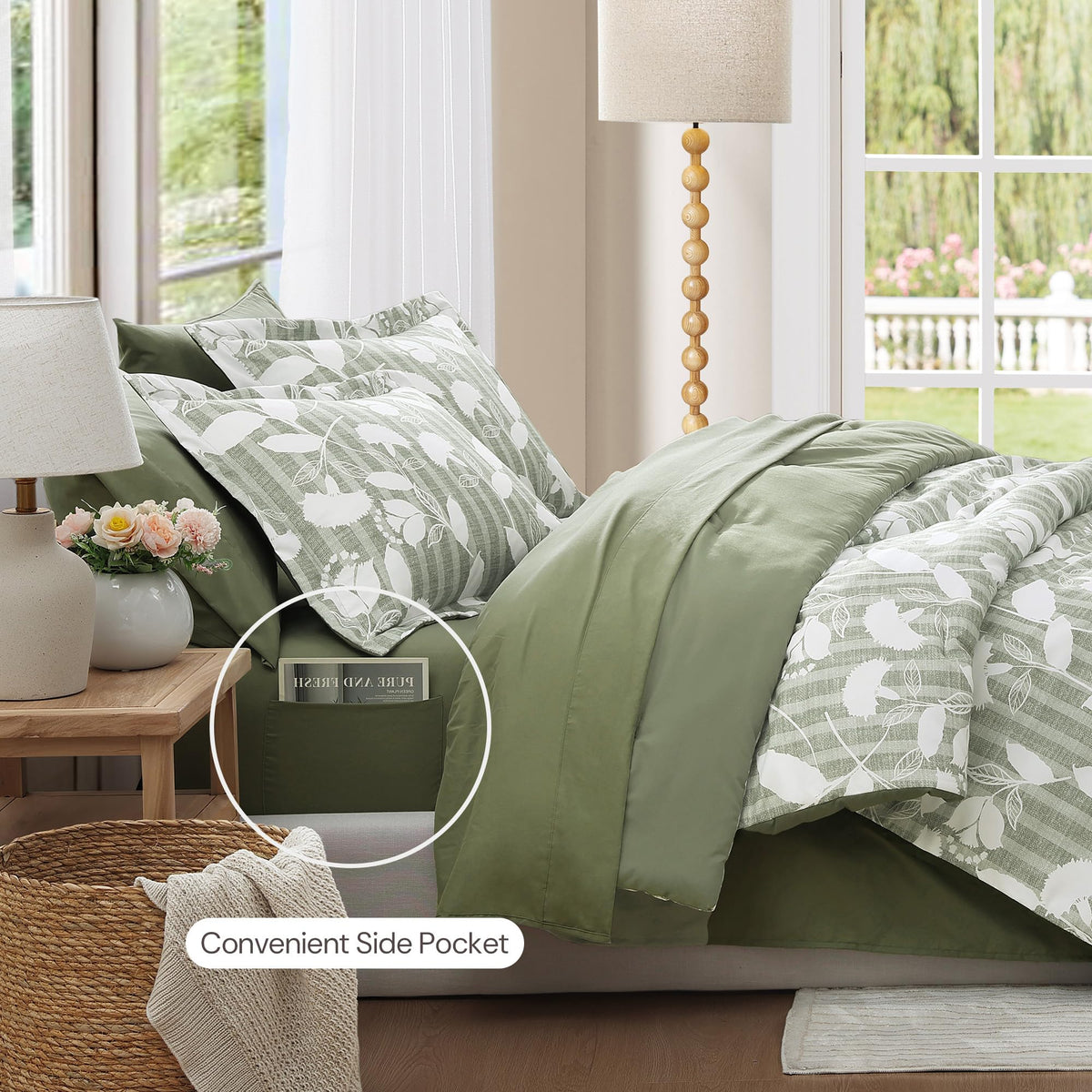 BLOOMHAVEN queen fitted sheet in sage green provides secure, breathable fit