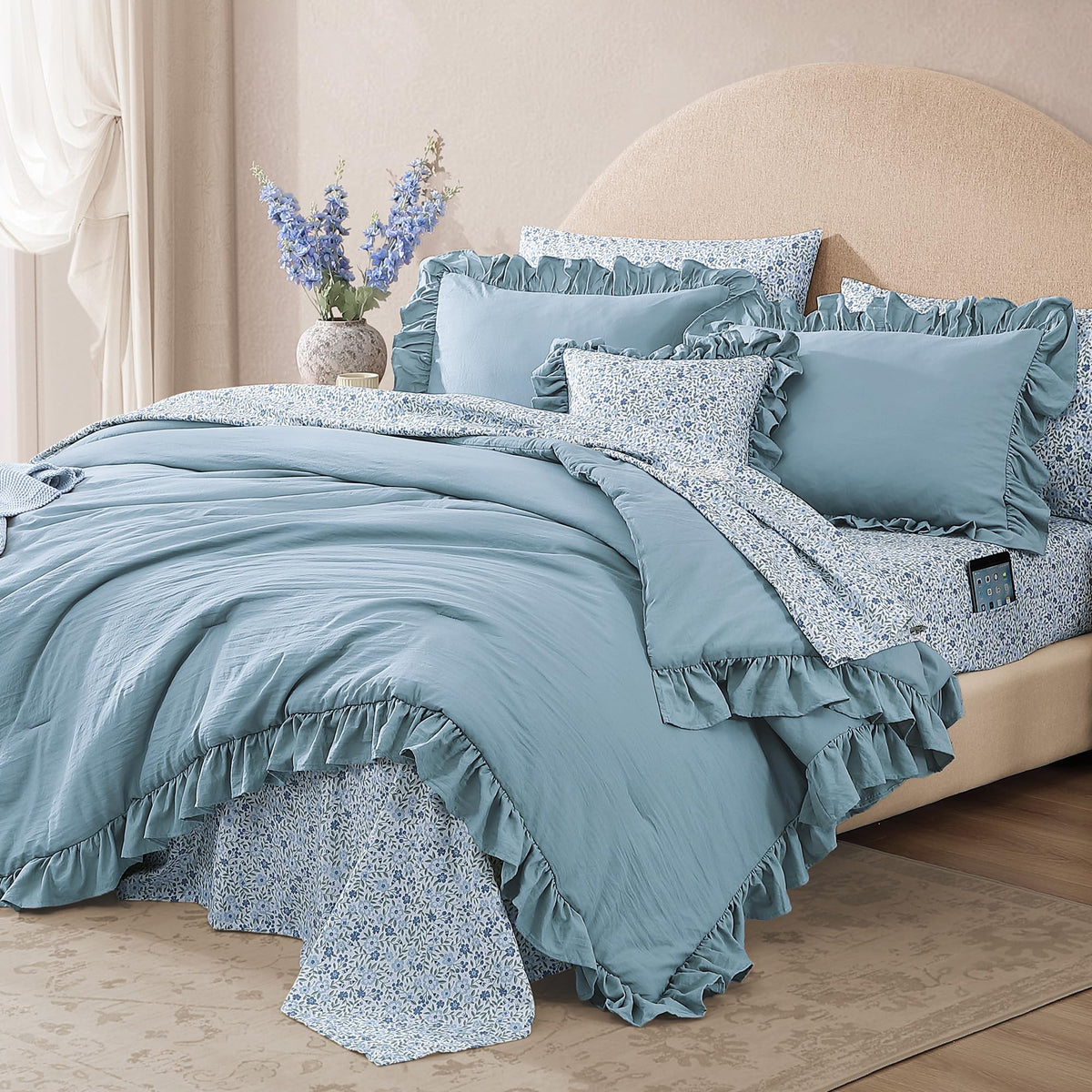 Bloomhaven queen flat sheet with floral accents for a romantic farmhouse vibe.