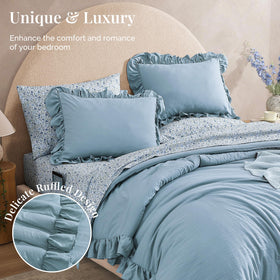 Bloomhaven shams showcase the floral motif and ruffle edge.