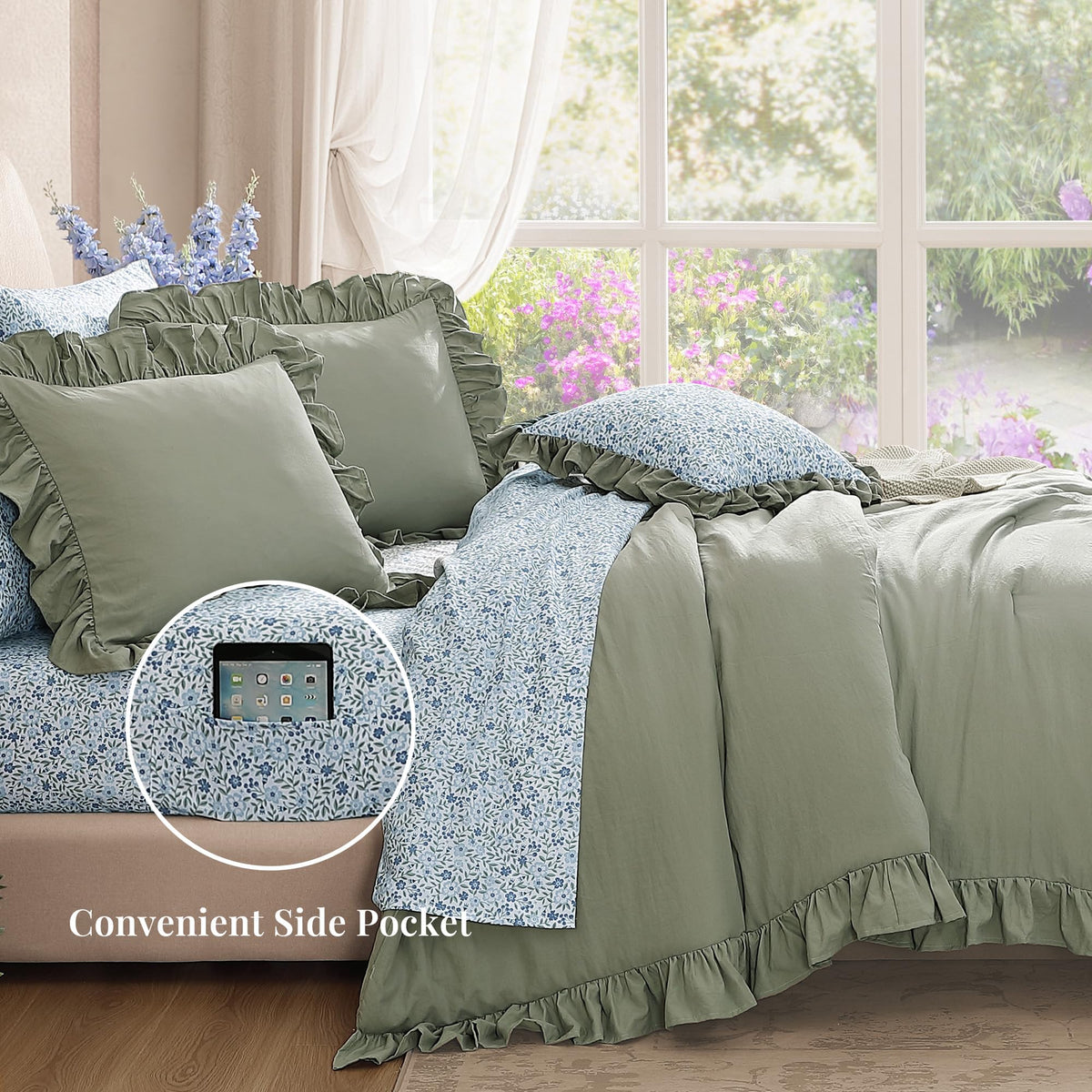 BLOOMHAVEN sage-green bedding creates a calm, farmhouse-inspired mood.