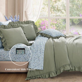 BLOOMHAVEN sage-green bedding creates a calm, farmhouse-inspired mood.