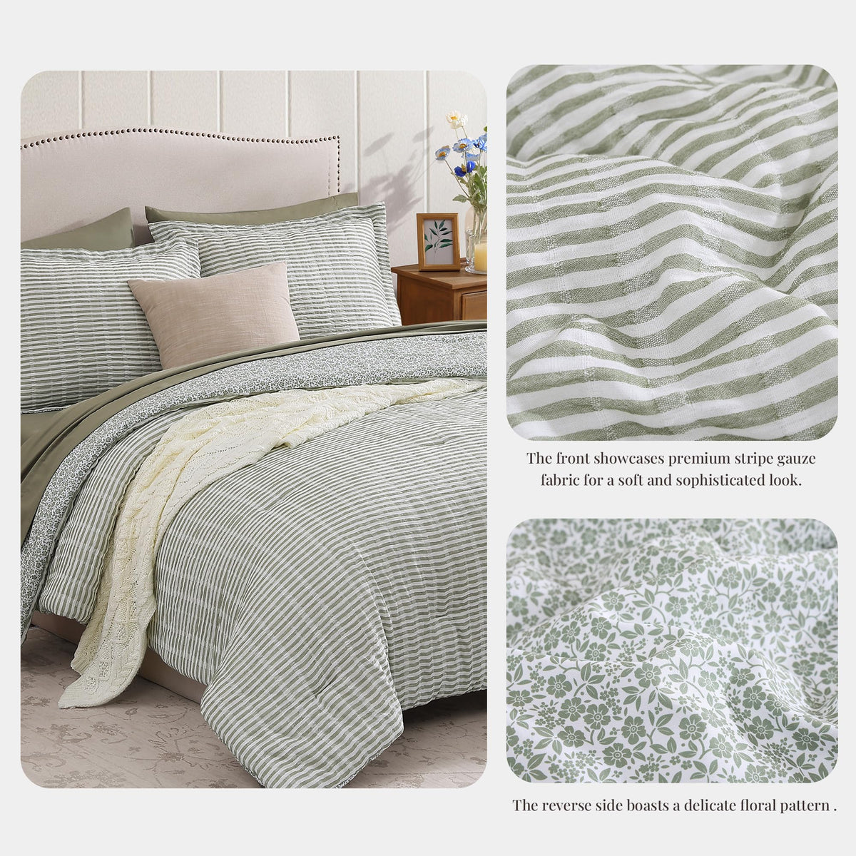 BLOOMHAVEN striped gauze fabric close-up highlights breathable, lightweight texture.