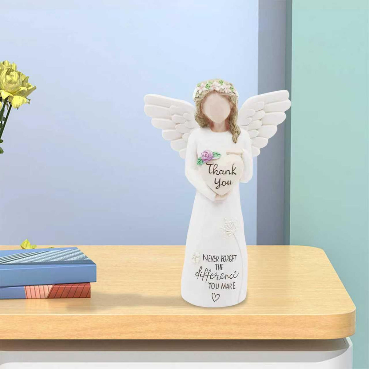 Bloomifinity Thank You Angel Figurine resin sculpture, compact display piece for shelves or mantels.