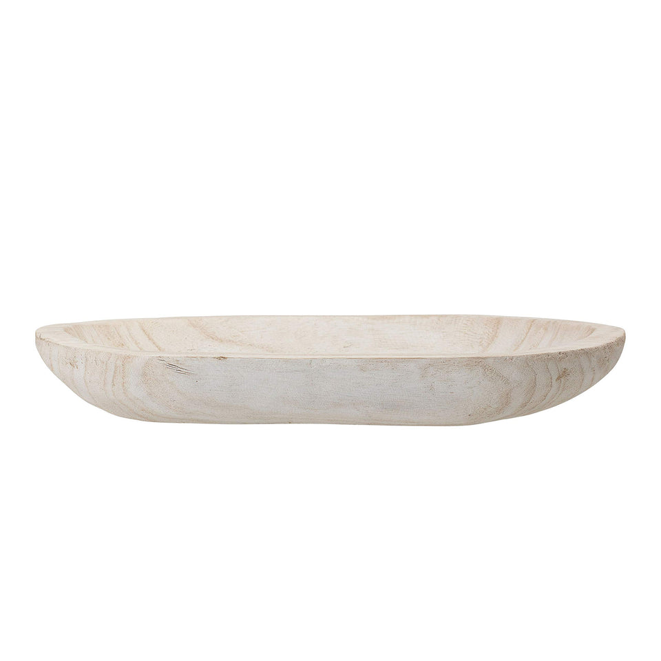 Bloomingville hand-carved paulownia bowl with whitewash, front view for elegant display.
