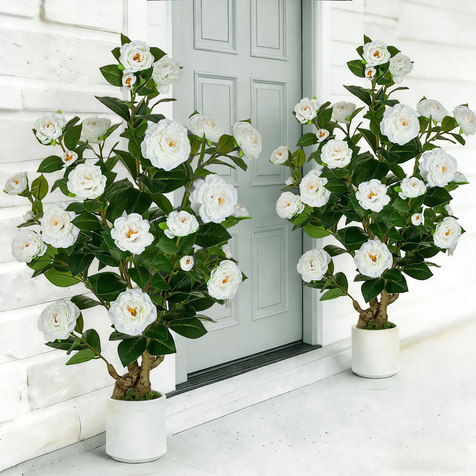 BLOSMON artificial camellia tree on porch for maintenance-free curb appeal.