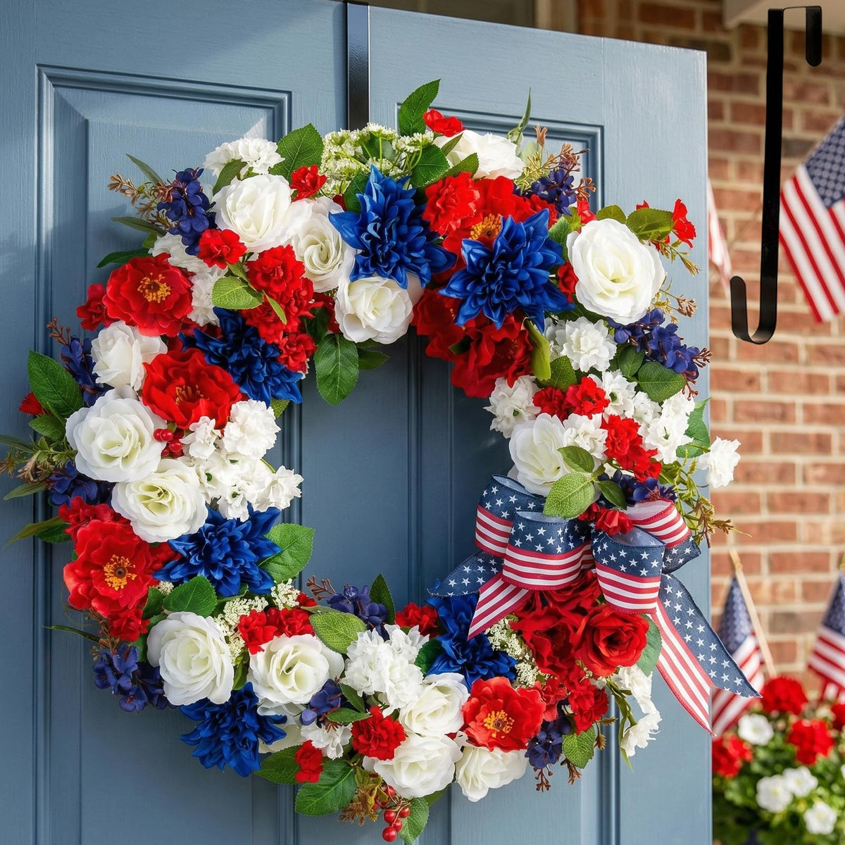 BLOSMON 4th of July wreath front door display with red, white and blue roses for curb appeal
