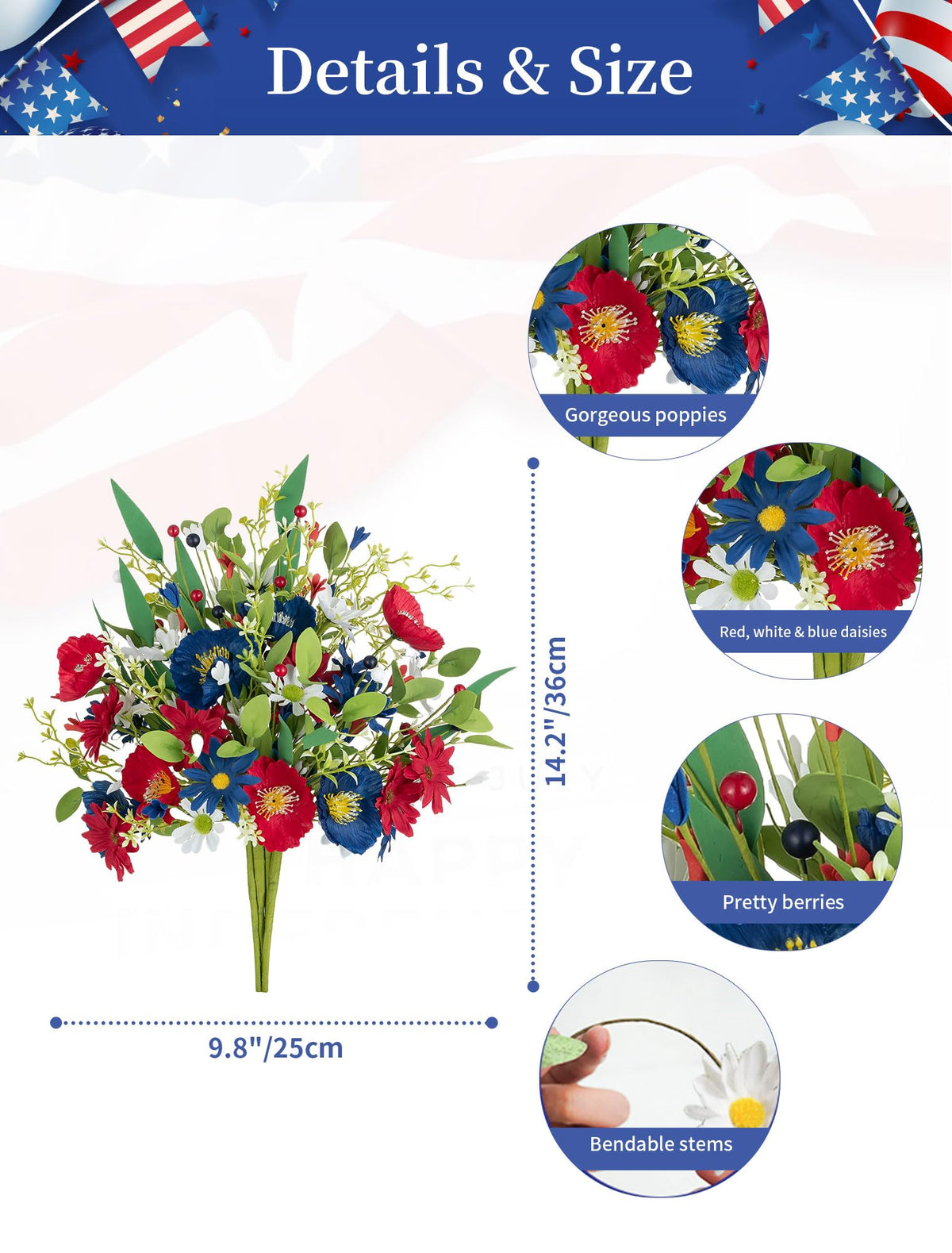 BLOSMON patriotic bouquet with daisies poppies and berries for festive charm