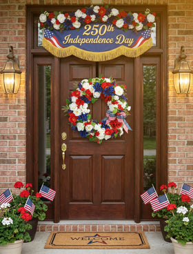 BLOSMON 250th anniversary patriotic wreath features roses and dahlias for festive home decor