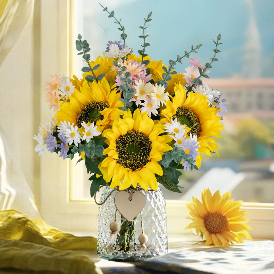 BLOSMON sunflowers in vase close-up highlight vivid color for lasting table decor.