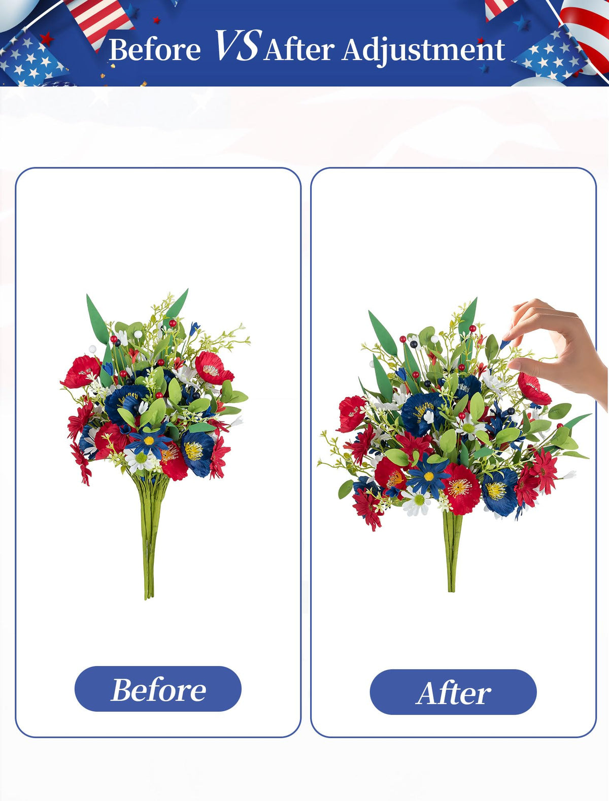 BLOSMON table centerpiece in red white blue decor for celebrations