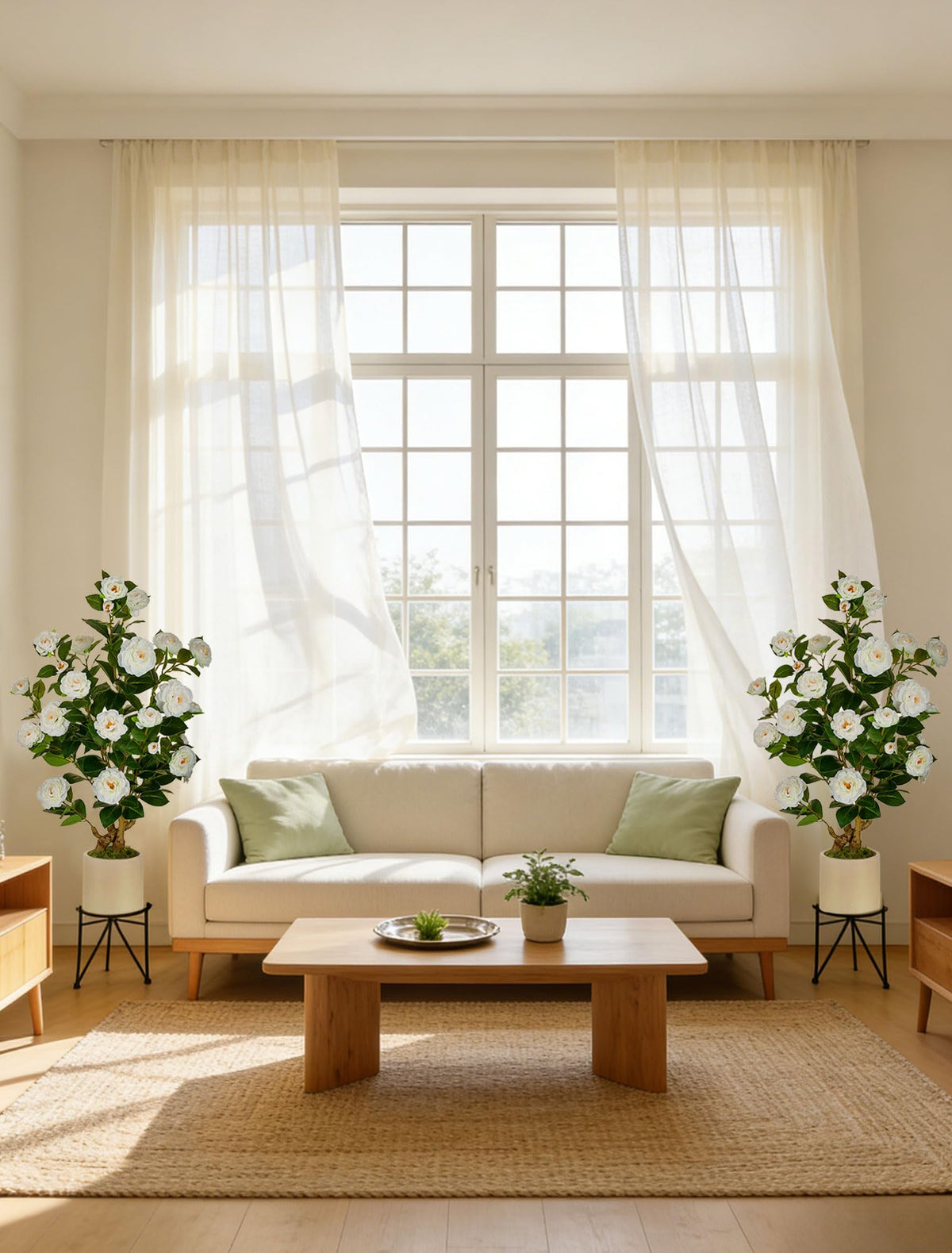 Two BLOSMON camellia trees arranged as a coordinated decor duo.