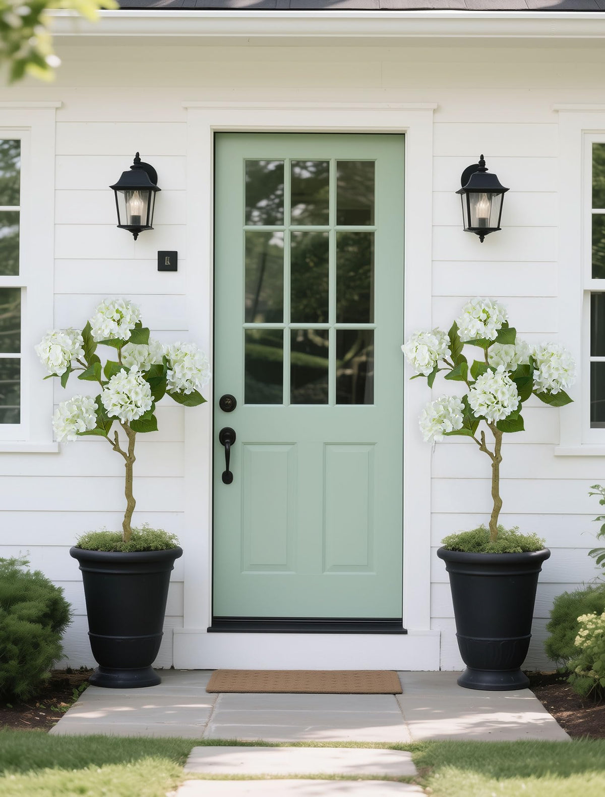 Two-piece 39-inch hydrangea trees add vertical greenery to living spaces.