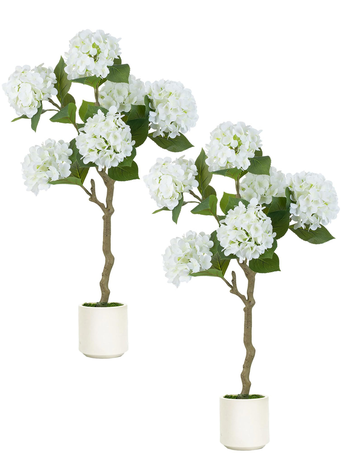BLOSMON white hydrangea fake tree on porch with lifelike blooms.
