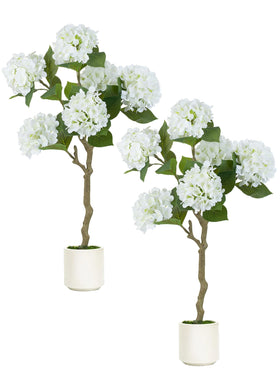 BLOSMON white hydrangea fake tree on porch with lifelike blooms.