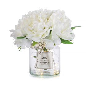 BLOSMON white hydrangea in glass vase with LED light for elegant centerpieces.