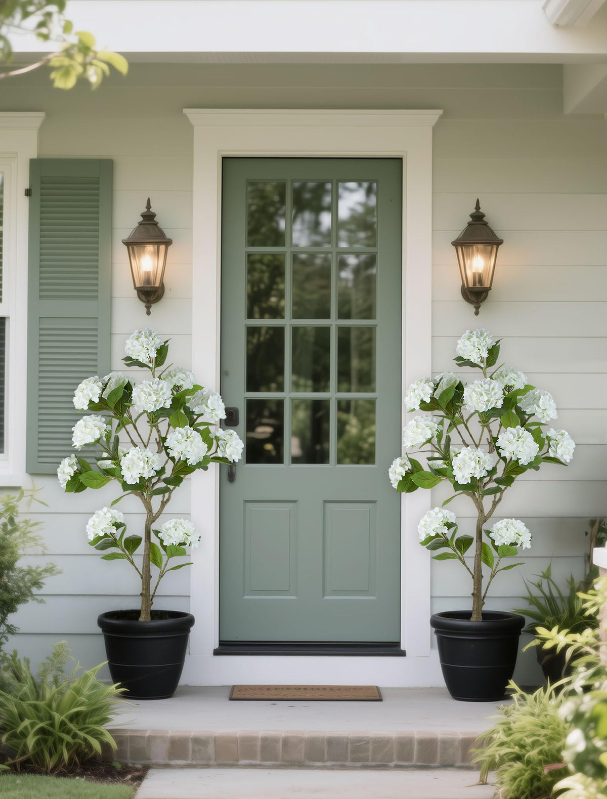 BLOSMON White Hydrangea Tree with stable outdoor base for easy placement.