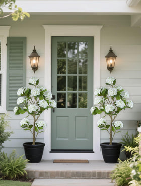 BLOSMON White Hydrangea Tree with stable outdoor base for easy placement.