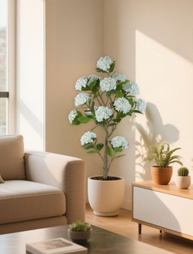 BLOSMON Hydrangea tree pot detail shows sturdy trunk and simple assembly.