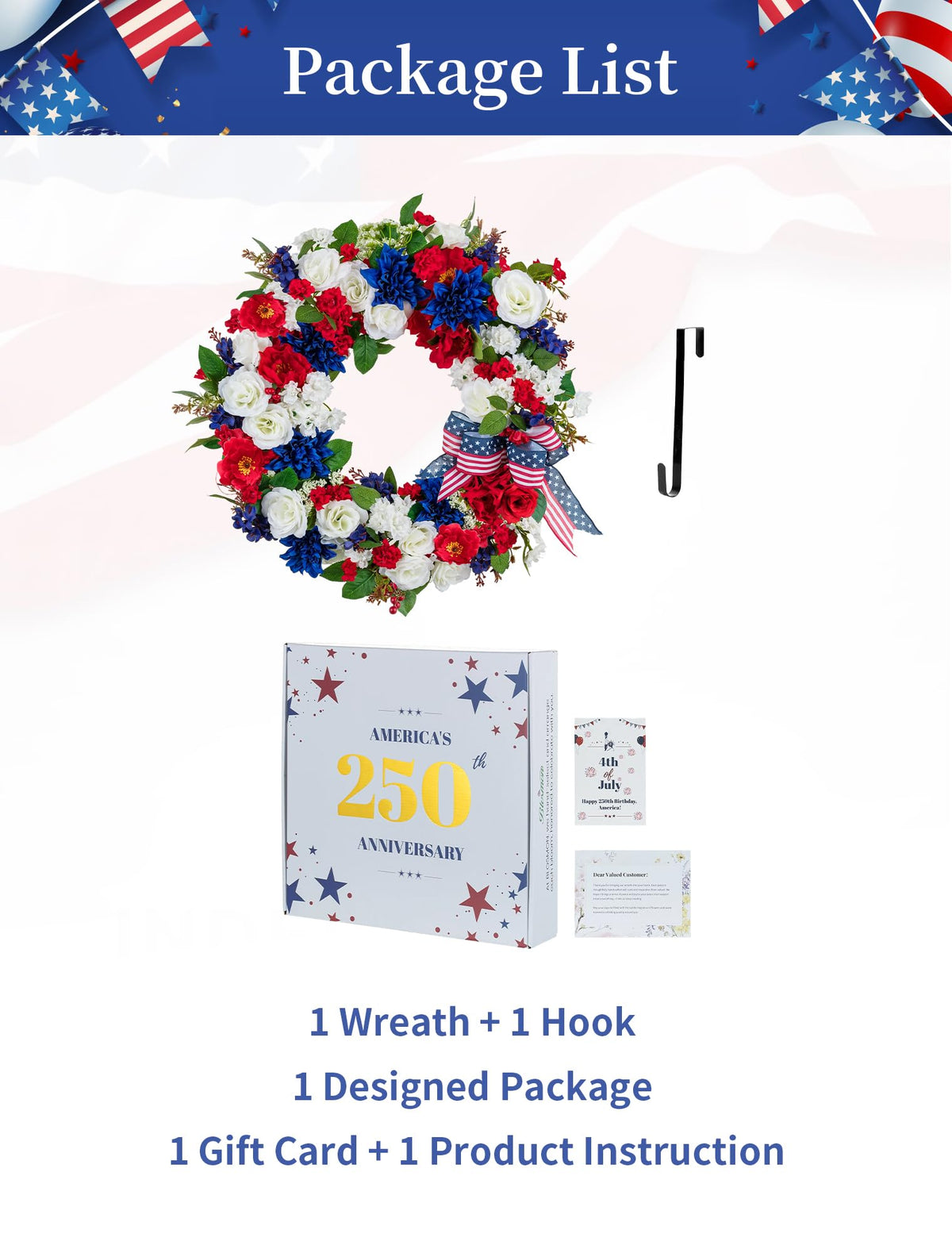 BLOSMON patriotic wreath hanging on a sturdy front door hook