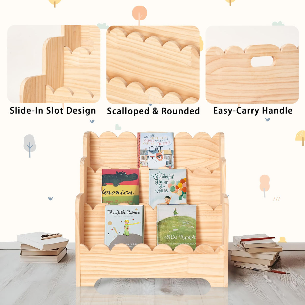Blossome natural pine wood shelf for a warm nursery look