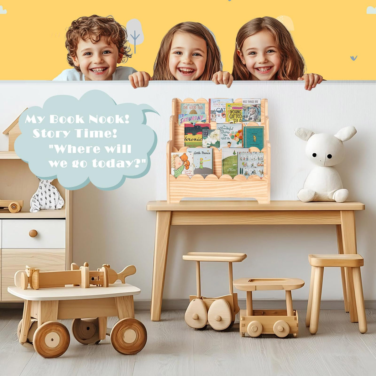 Blossome open-front 3-tier display helps kids choose a story