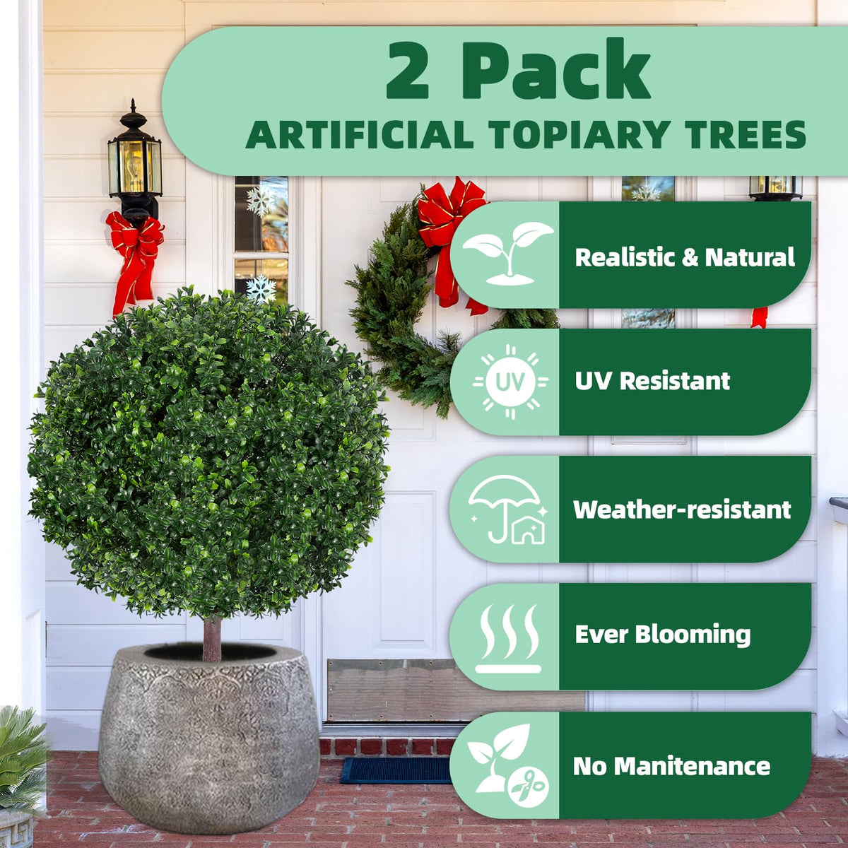 Outdoor planter display featuring Bloyapix faux boxwood spheres