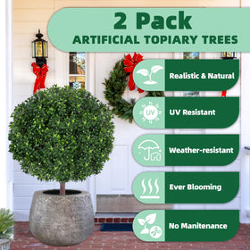 Outdoor planter display featuring Bloyapix faux boxwood spheres