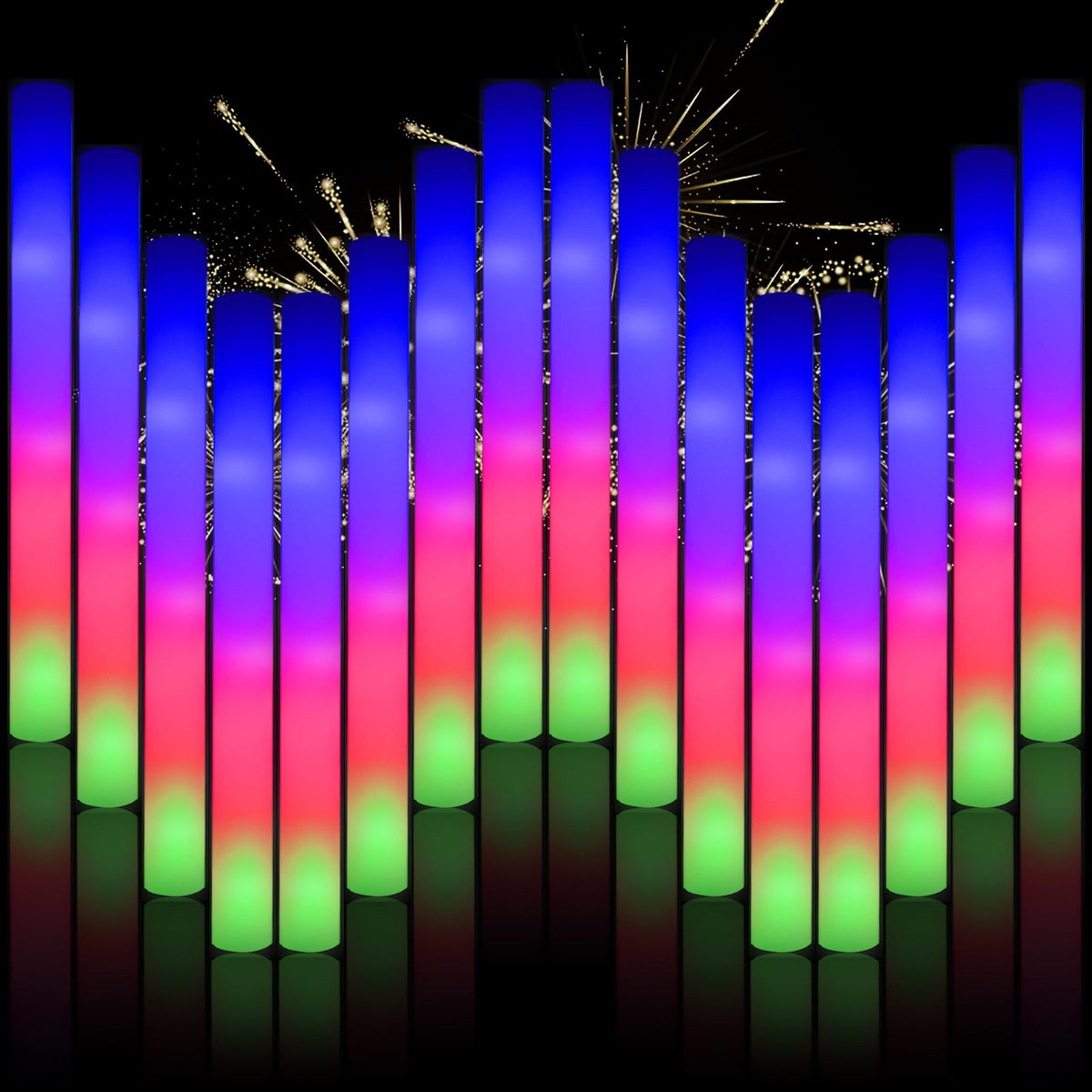 Blu7ive foam glow stick collection glowing in vibrant party colors for celebrations