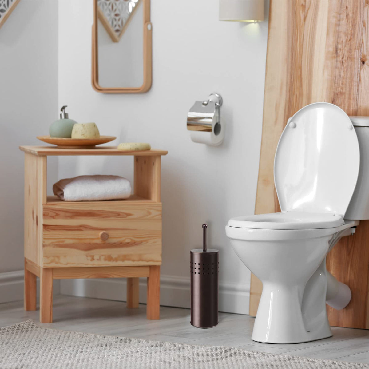 Blue Donuts compact storage keeps plunger hidden in small spaces.