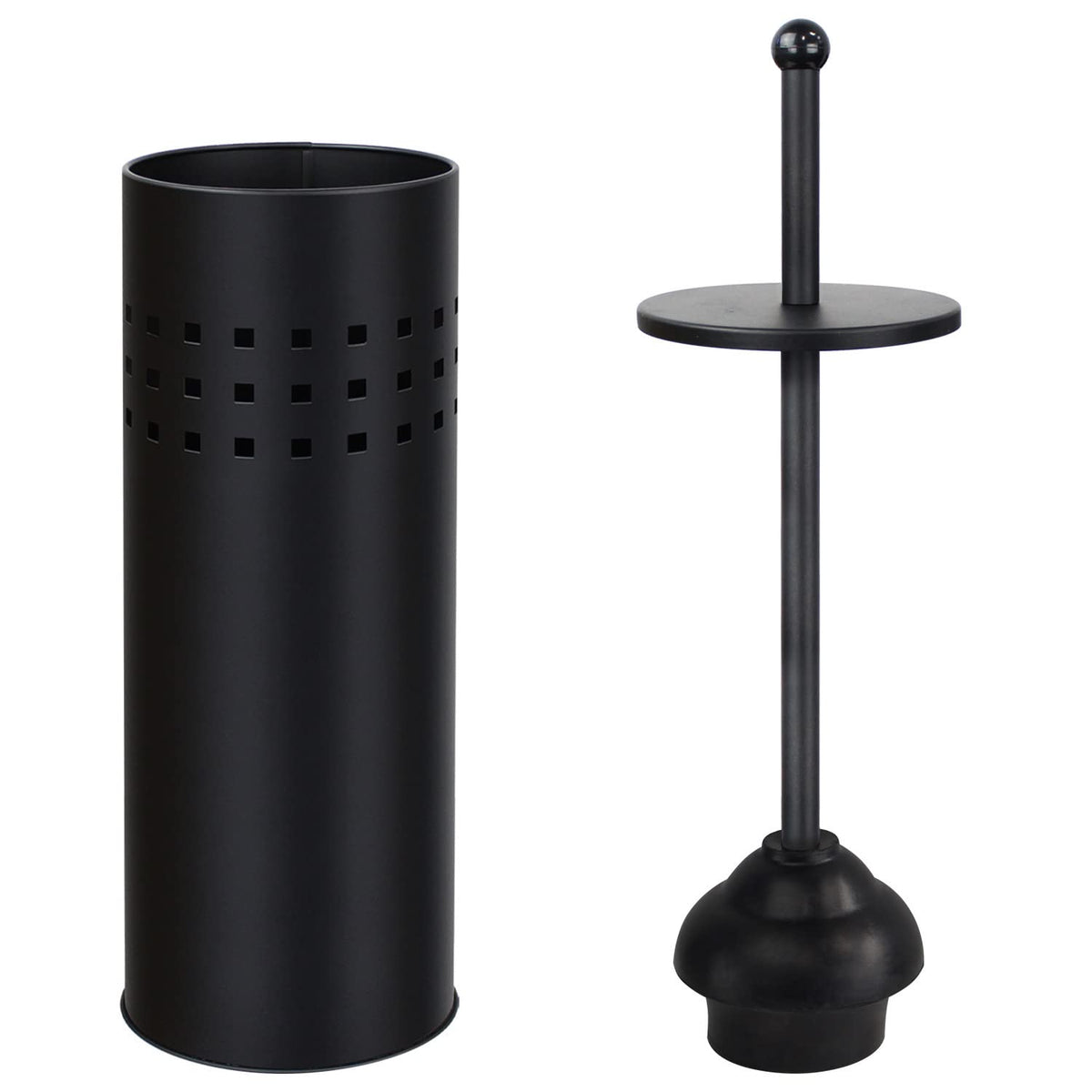 Blue Donuts plunger holder in black side view shows sleek storage, keeping tools organized