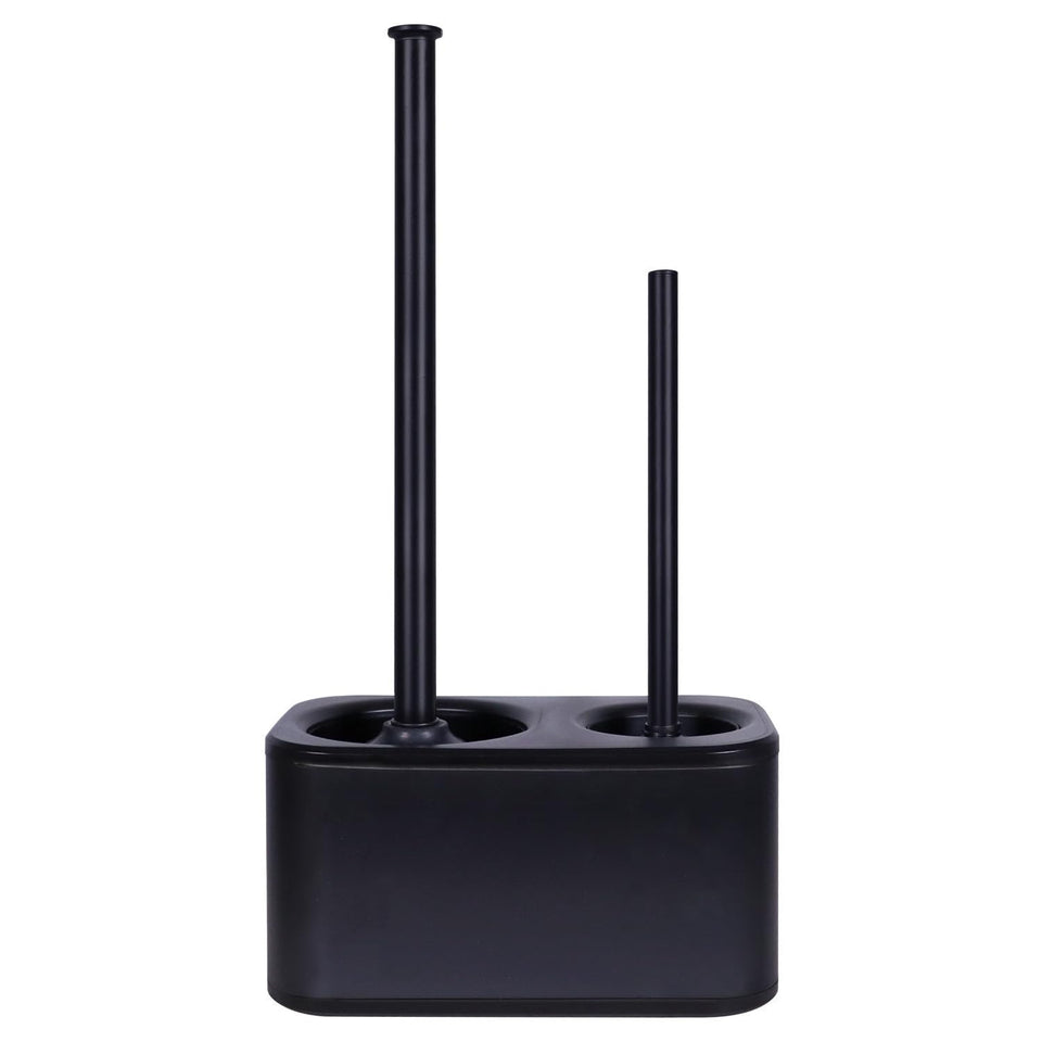 Blue Donuts toilet brush and plunger set holder on front view for tidy bathroom storage