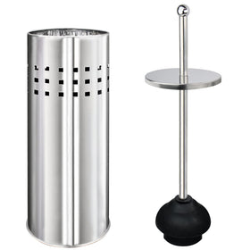 Blue Donuts chrome toilet plunger with holder keeps the bathroom organized.