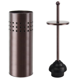 Blue Donuts bronze toilet plunger with holder for neat bathroom organization.